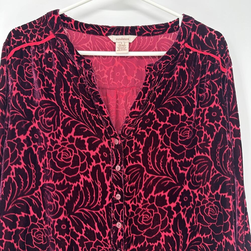 Sundance Shirt Womens Large Red Floral Burnout Velvet Button Front Tunic Top - Picture 2 of 9